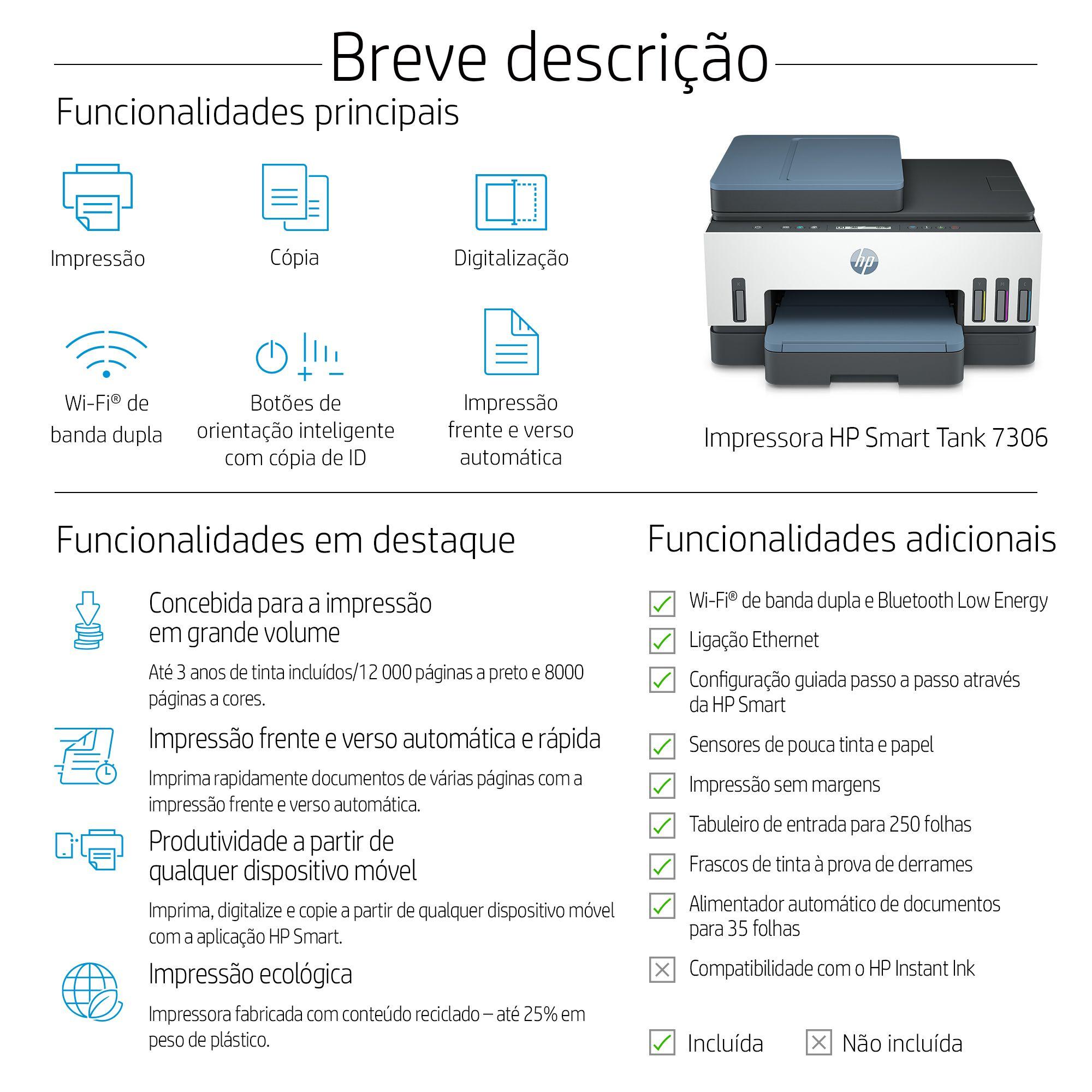 Impressora Multifunções HP Smart Tank 7306 (A4 - Impressão a cores - Azul e Branco) — miniatura 4
