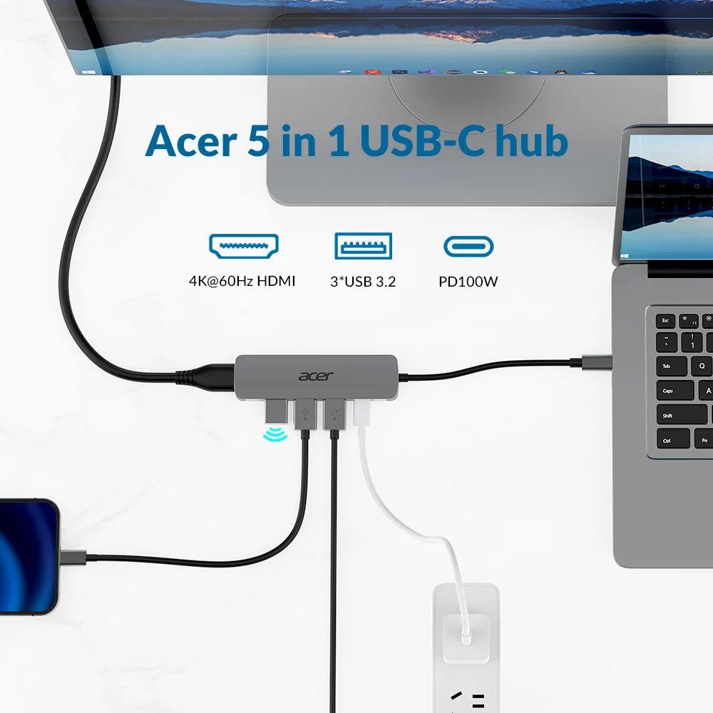 Hub USB-C 5 em 1 ACER ACER3802 (Windows, macOS e ChromeOS - Prateado), miniatura 3
