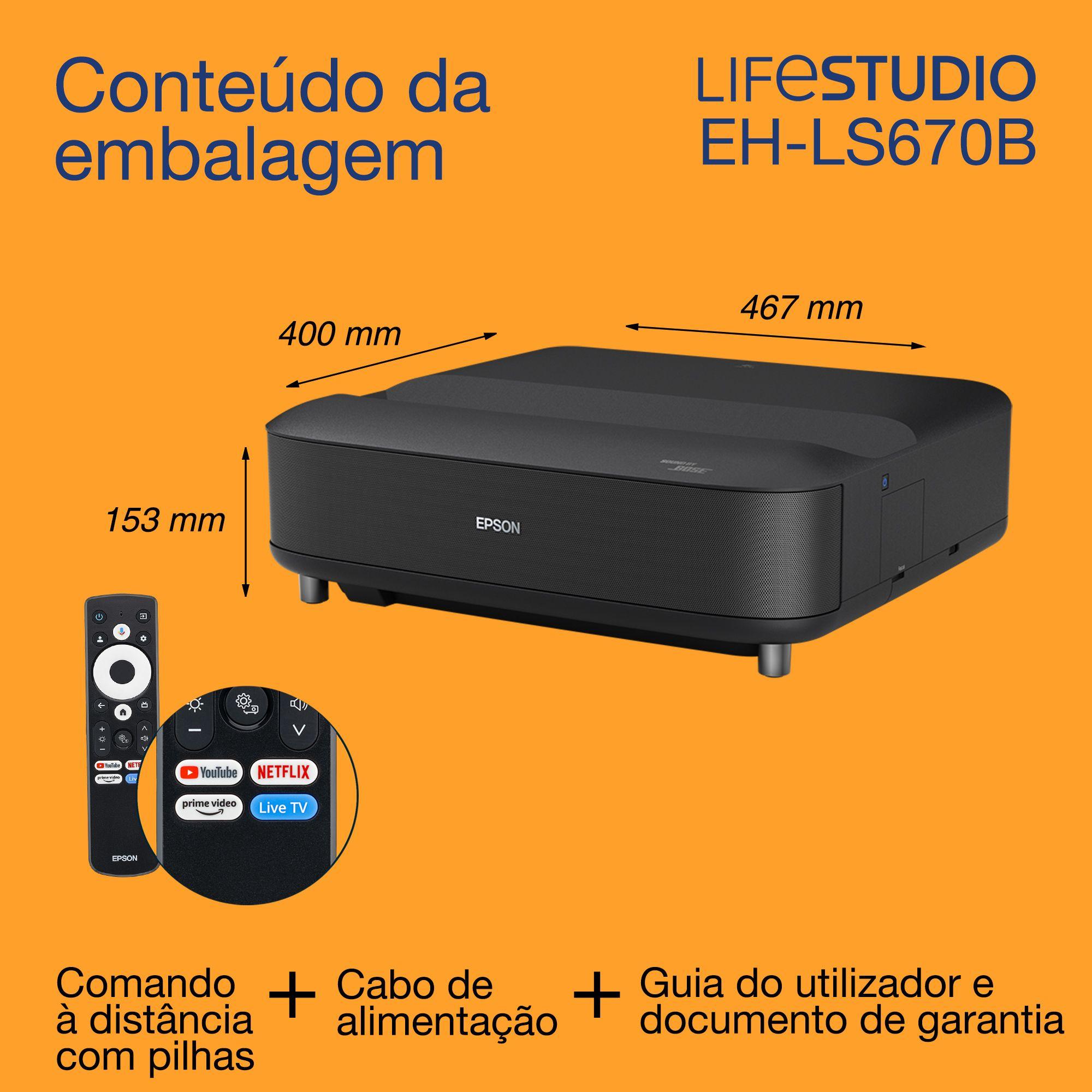 Projetor EPSON Lifestudio Grand EH-LS670B (UHD 4K - Google TV - 3600 ANSI lumens - Preto metalizado)