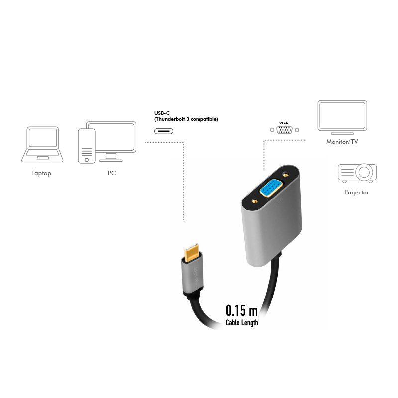 Adaptador USB-C para VGA LOGILINK CUA0104 (0,15 m - USB Type-C - Thunderbolt 3 - Preto/Cinzento), miniatura 3