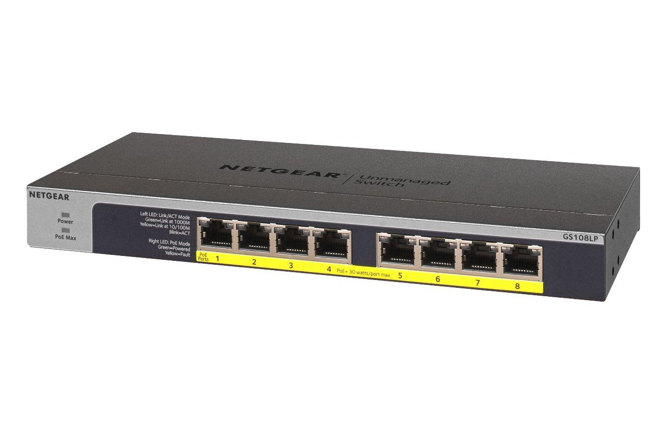 Switch NETGEAR GS108LP-100EUS (Gigabit Ethernet - 10,100,1000 Mbit/s - 192 KB - Preto e Cinzento) — miniatura 3