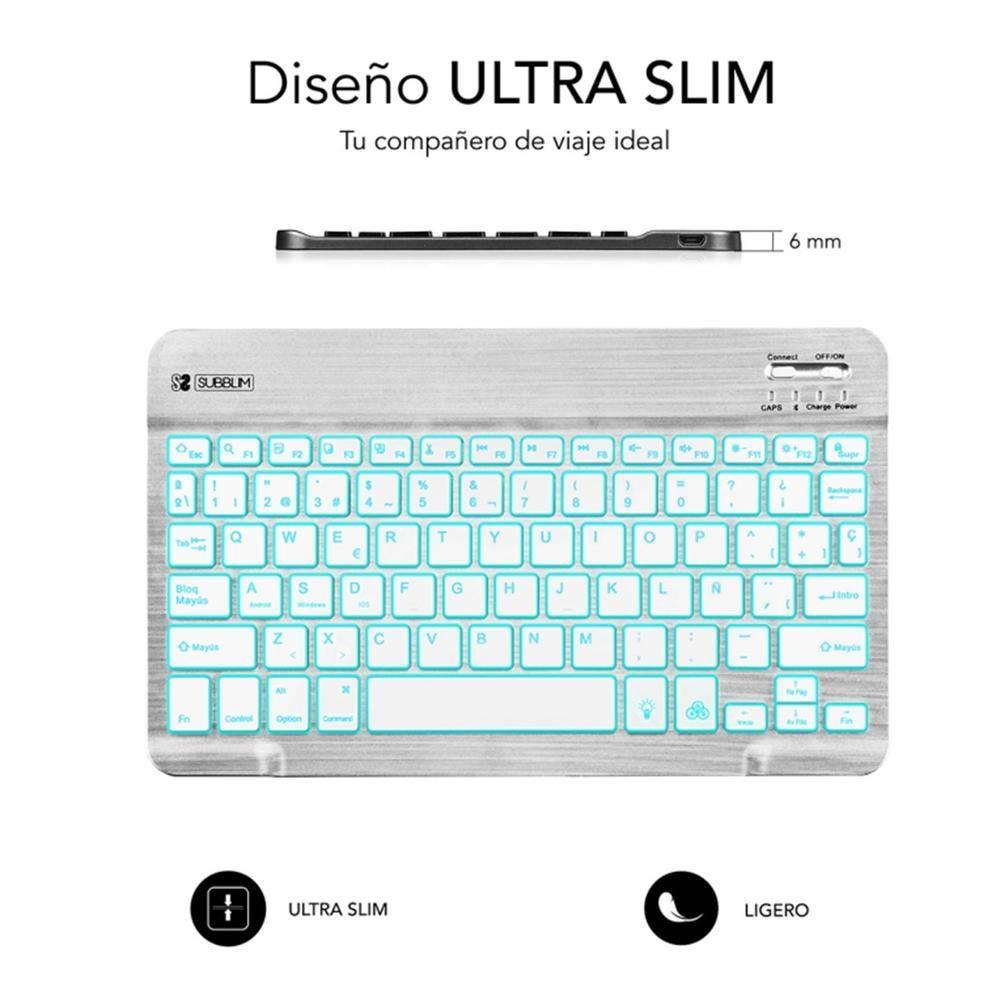 Teclado SUBBLIM Smart Backlit SUB-KBT-SMBL30 (Espanhol - Padrão - Bluetooth - Prateado/Branco)