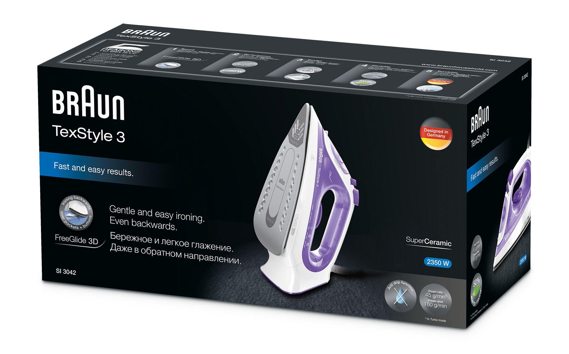 Ferro de Engomar a Vapor BRAUN TexStyle 3 SI3042VI (2350 W - 0,27 l - Base de cerâmica - Roxo/Prateado/Branco) — miniatura 3