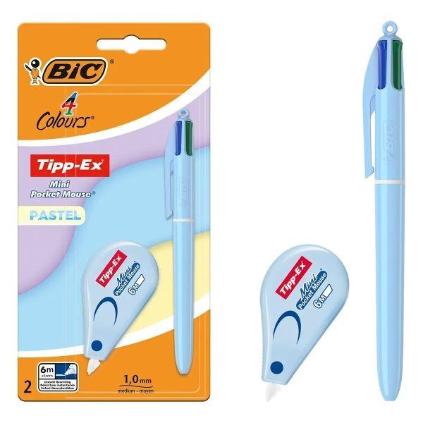 Conjunto de Caneta Esferográfica e Fita Corretora BIC 4 Colours Pastel Pack (Pastel)