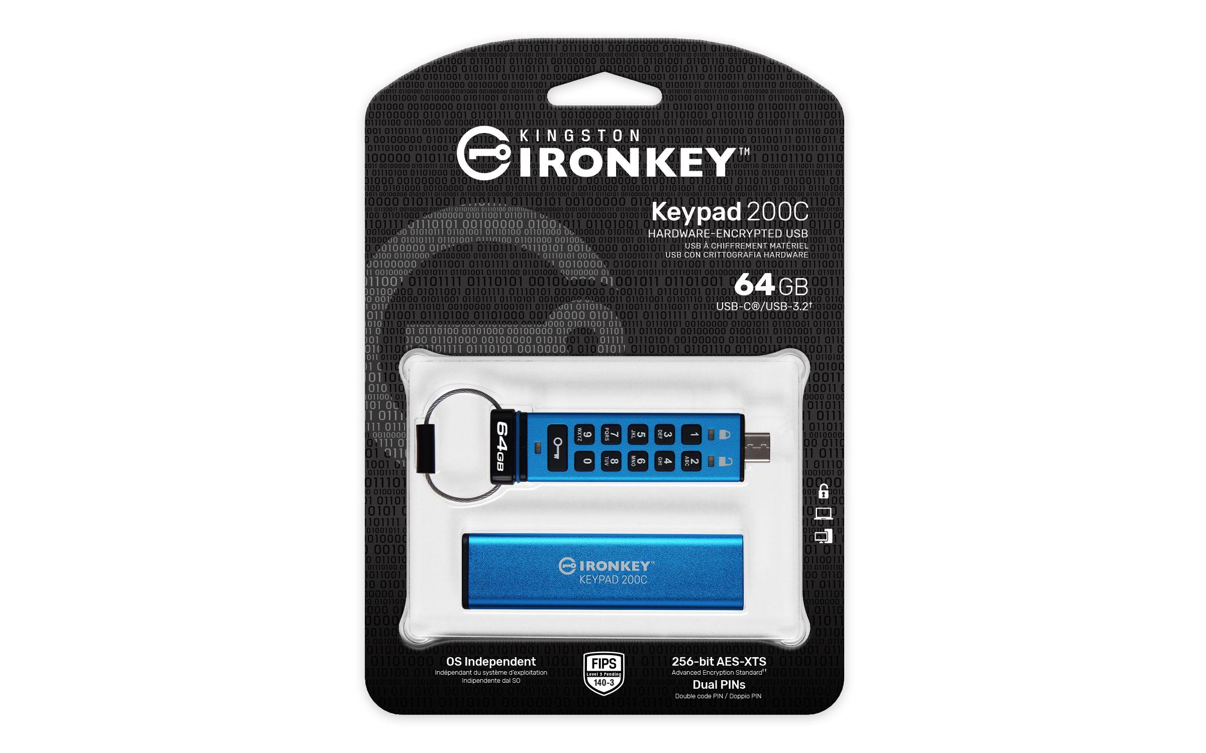 Pen USB KINGSTON IronKey Keypad 200 (64 GB - Sleeve - USB Type-C - Azul) — miniatura 3