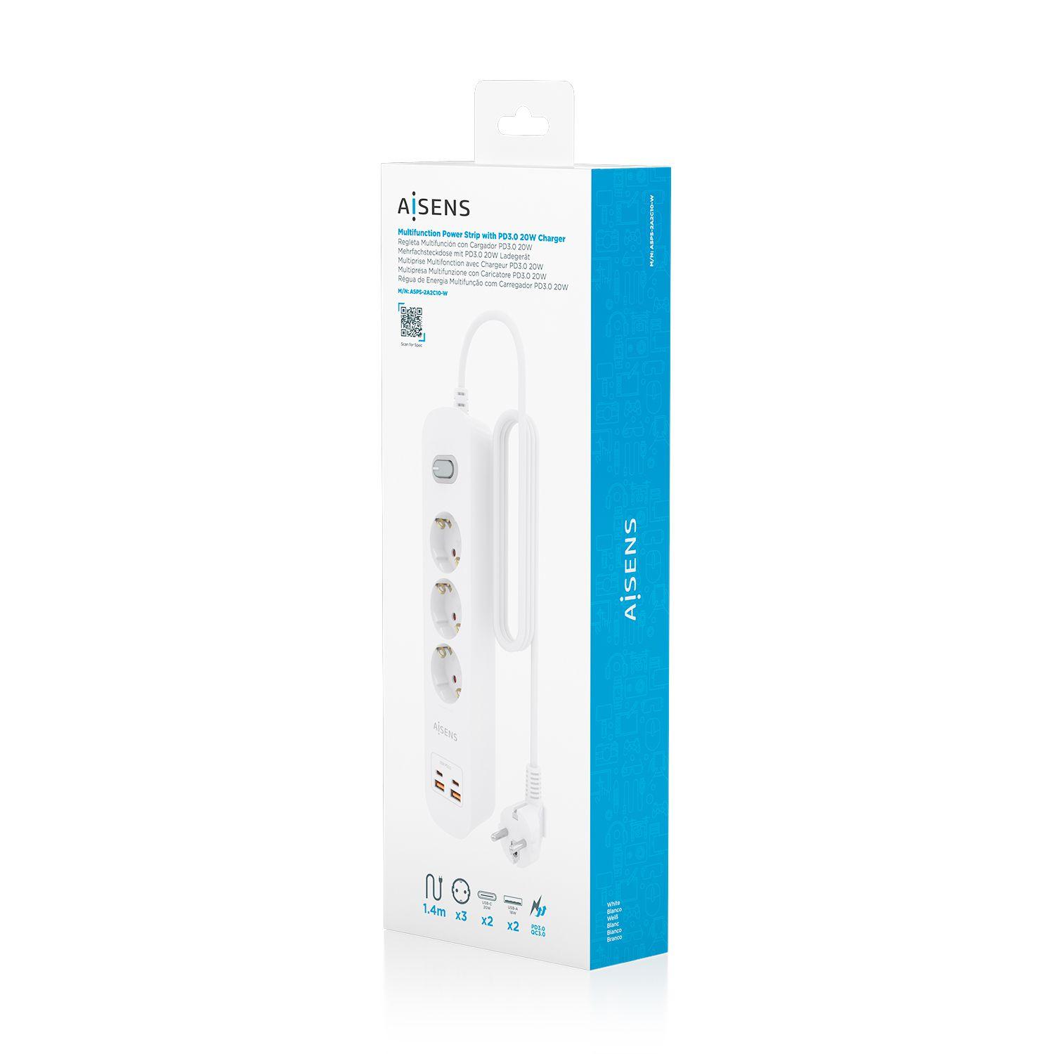 Bloco de Tomadas AISENS ASPS-2A2C10-W (1,4 m - Branco) — miniatura 7