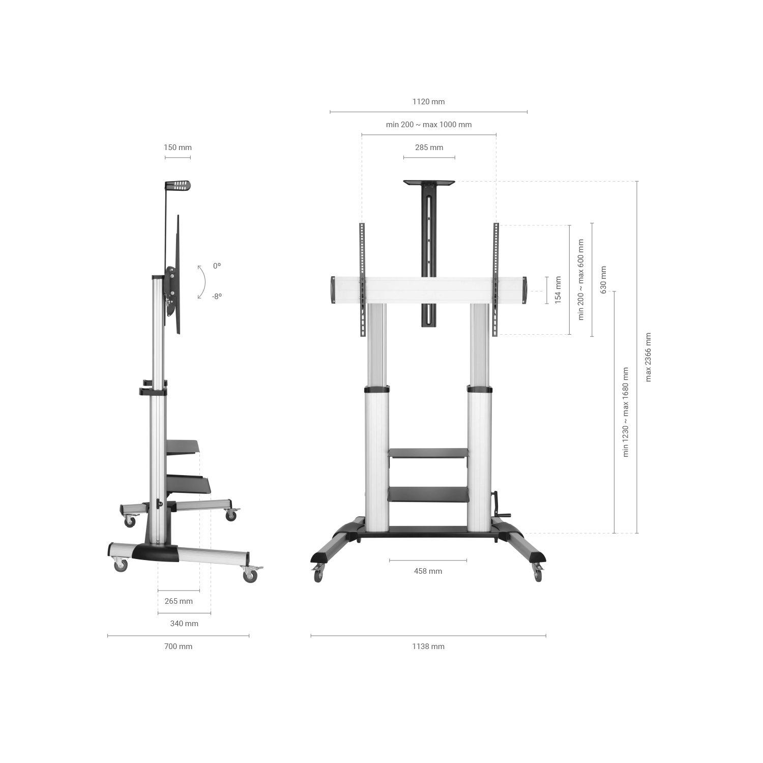 Suporte de Chão para TV AISENS FT100TE-125 (1000 x 600 mm - 200 x 200 mm - 2,54 m - Preto e Prateado), miniatura 4