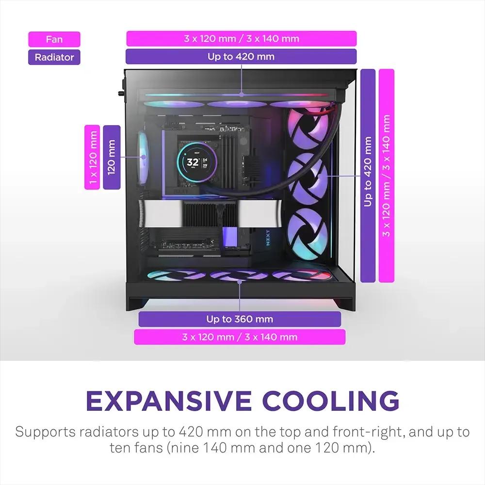 Caixa PC NZXT H9 Flow RGB+ (ATX, EATX, micro ATX, Mini-ITX - Mid Tower - SGCC, vidro temperado, rede - Preto) — miniatura 5