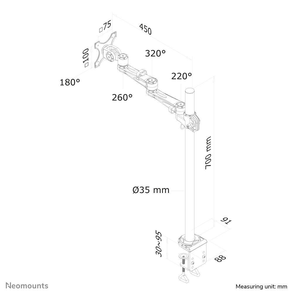 Suporte de Monitor de Secretária NEOMOUNTS FPMA-D935POLE70 (10–30″ - VESA 75 x 75/100 x 100 mm - Prateado), miniatura 3