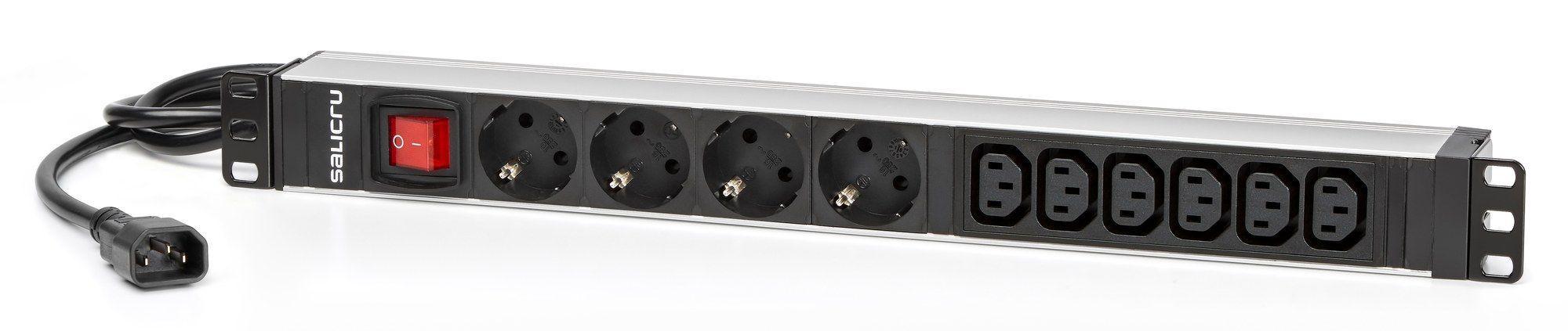 Bloco de Tomadas para Rack SALICRU SPS 4F+6F PDU SCH+C13/C14 (4 Schuko + 6 IEC C13 - IEC C14 - Preto)