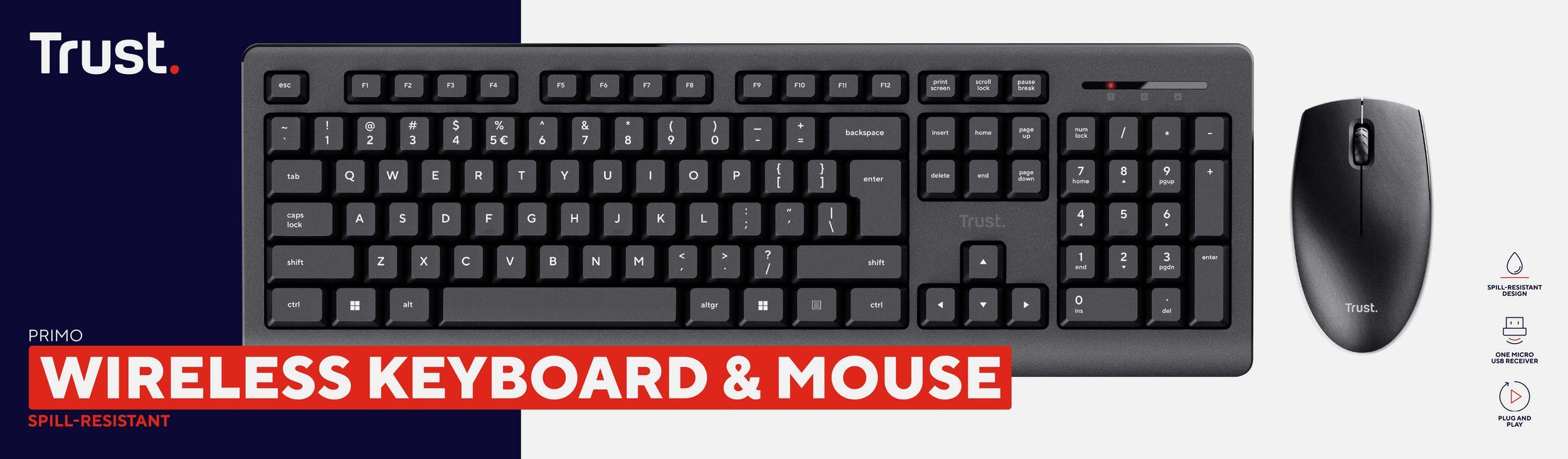 Conjunto de Teclado e Rato TRUST Primo Wireless Deskset (Espanhol - Interruptor de membrana - Tamanho completo - Preto) — miniatura 8