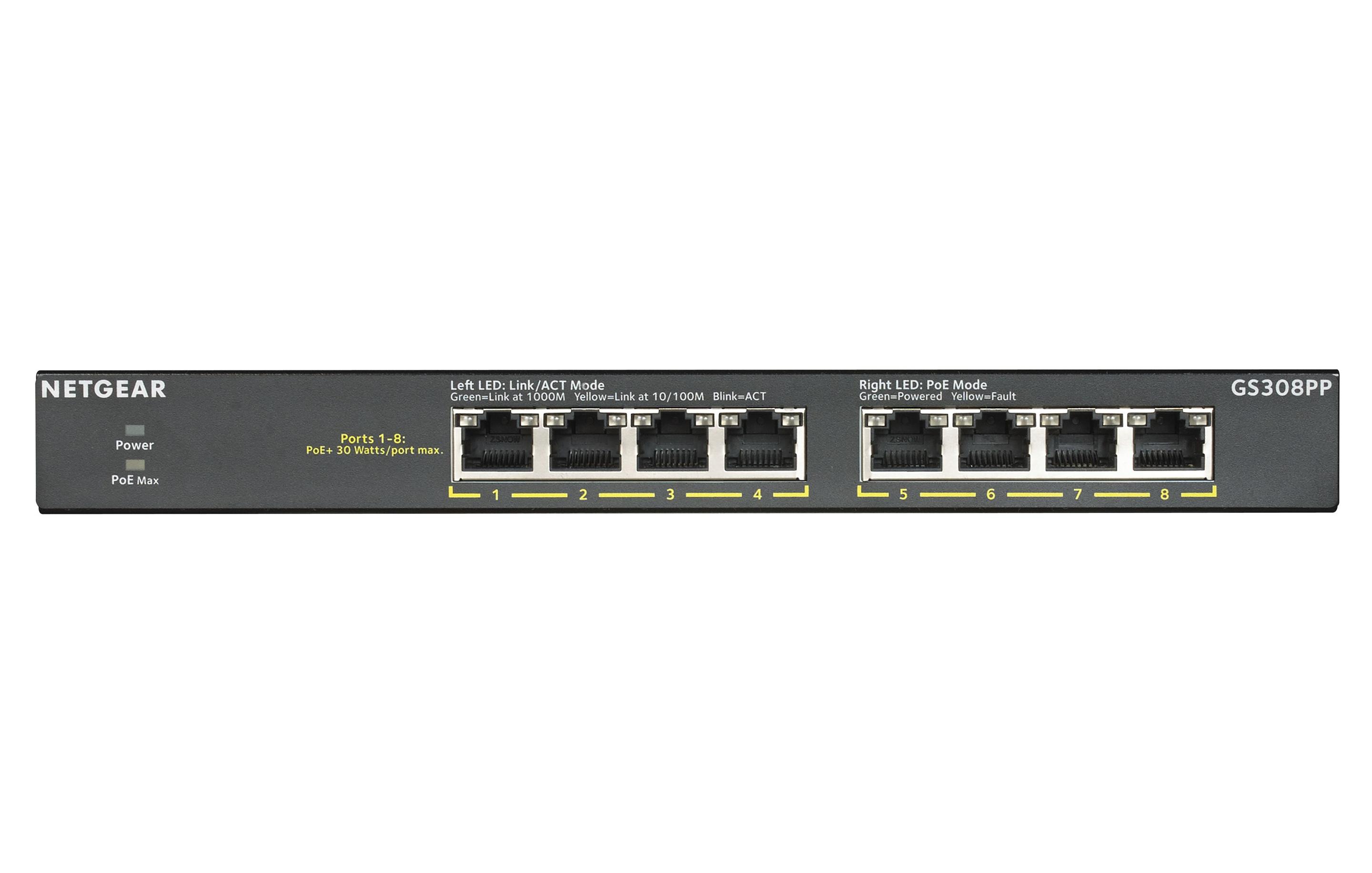 Switch NETGEAR GS308PP (Gigabit Ethernet - 0,192 MB - 16 Gbit/s - Preto)
