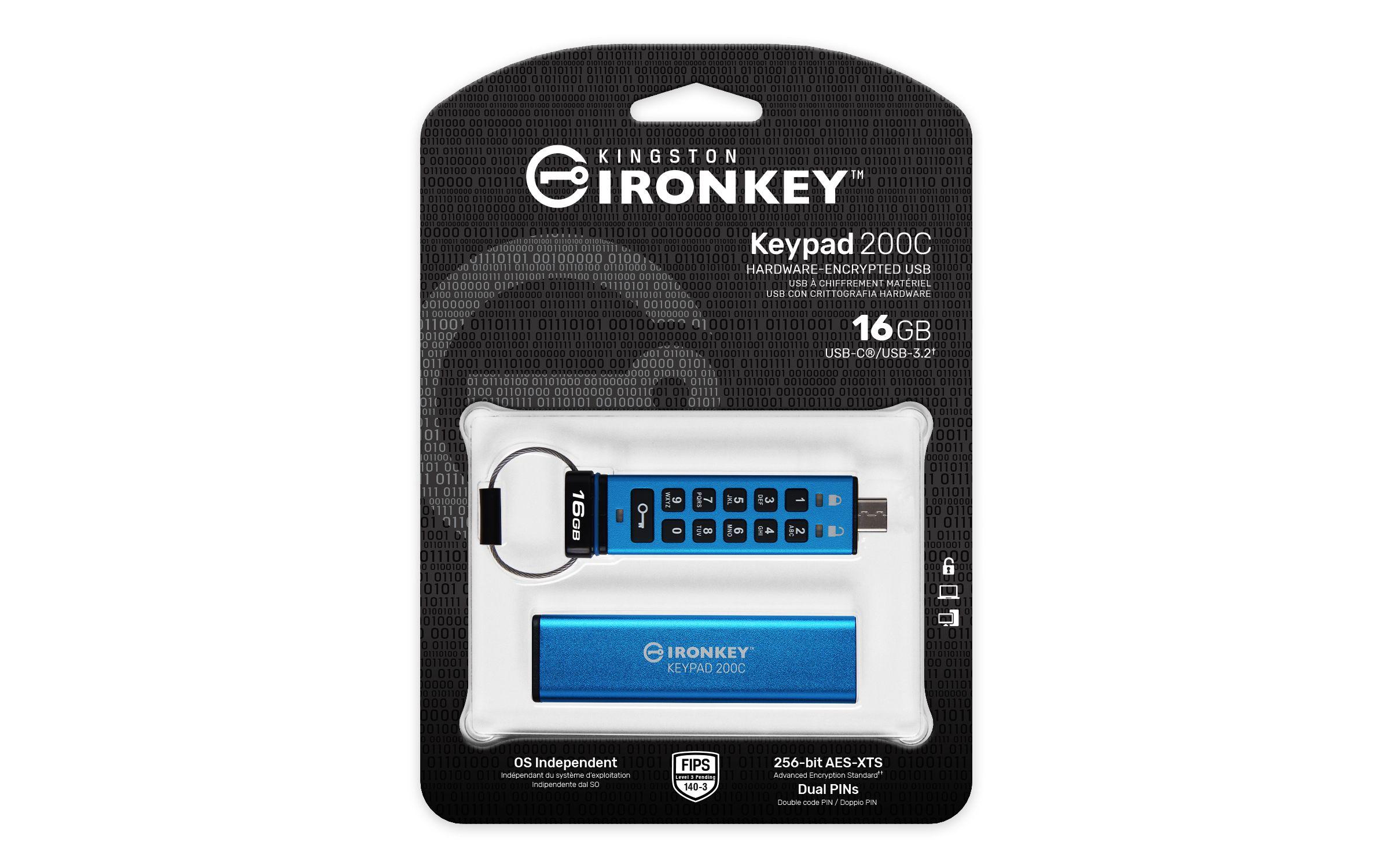 Pen USB KINGSTON IronKey Keypad 200 (16 GB - Sleeve - Com tampa - Azul) — miniatura 3