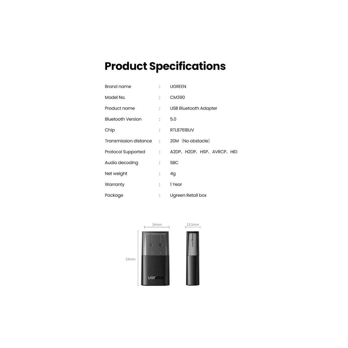 Adaptador Bluetooth USB UGREEN CM390 (USB - 20 Mbit/s - Preto) — miniatura 5