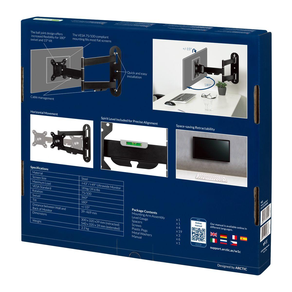 Suporte de Parede para Monitor ARCTIC W1C (Até 100 x 100 mm - 100 x 100 mm - 75 x 75 mm - Preto), miniatura 9