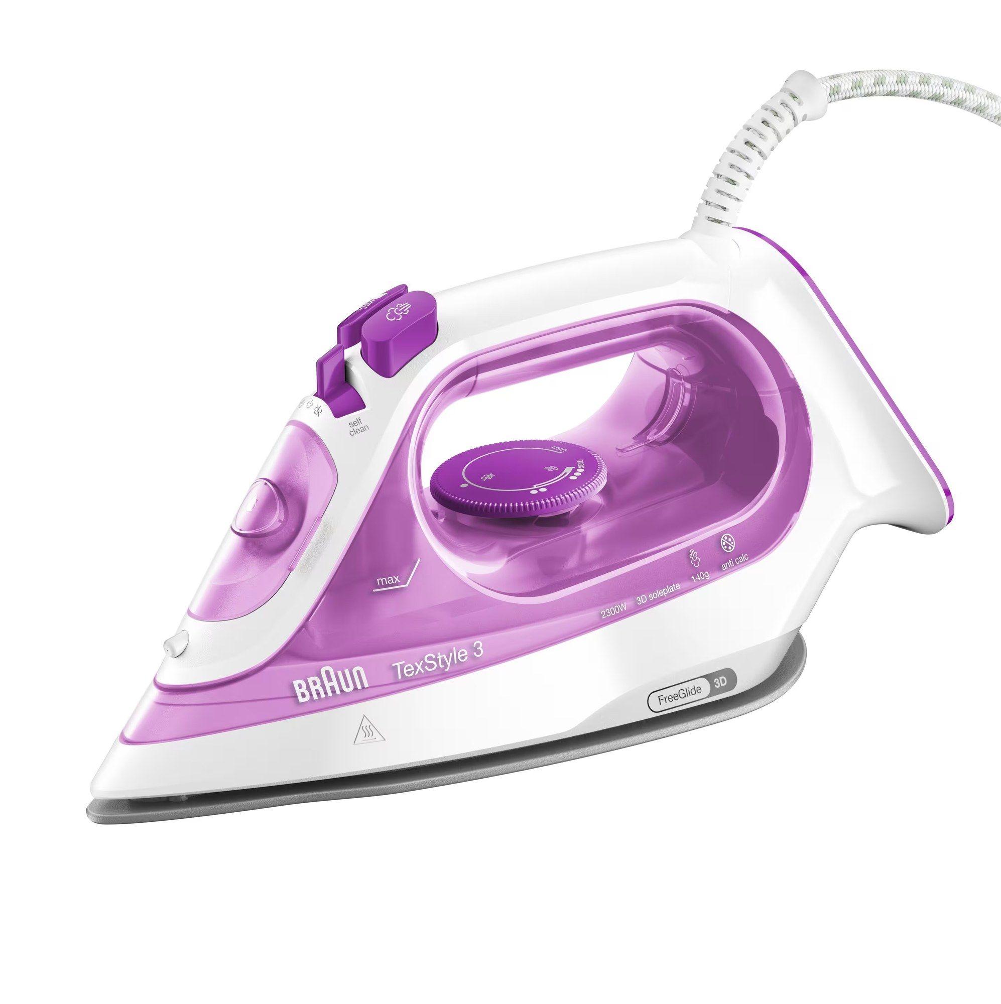 Ferro de Engomar a Vapor BRAUN TexStyle 3 SI3030PU (2300 W - 0,27 l - Base de cerâmica - Rosa)