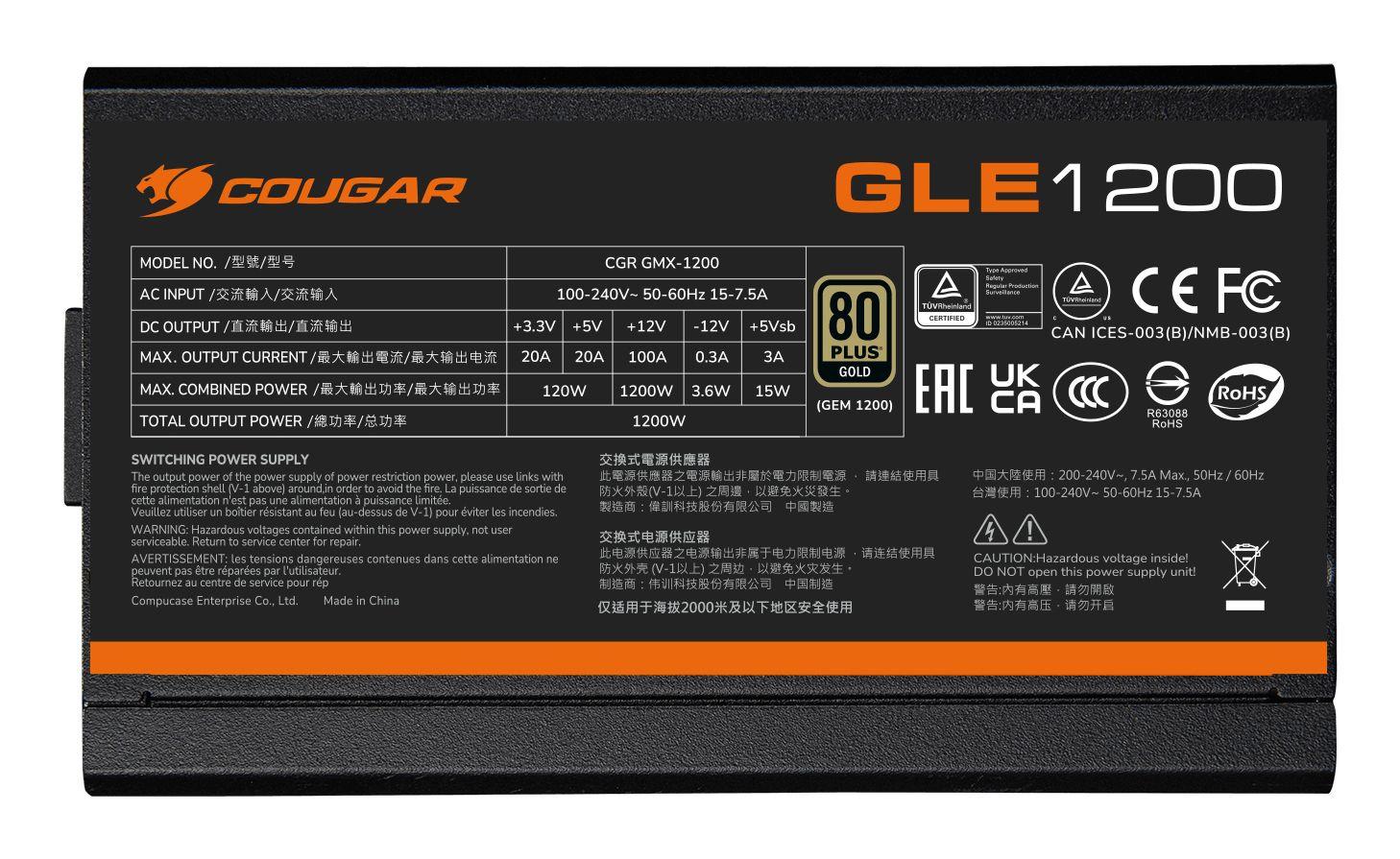Fonte de Alimentação COUGAR CGR GLE-1000 (ATX - 1000 W - 80 PLUS Gold - Preto), miniatura 8