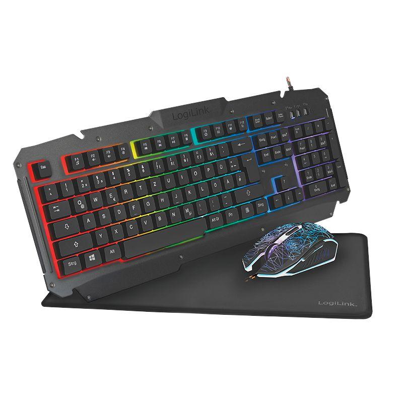 Conjunto Teclado, Rato e Tapete Gaming LOGILINK ID0185 (Inglês - Membrana - Tamanho completo - Preto)