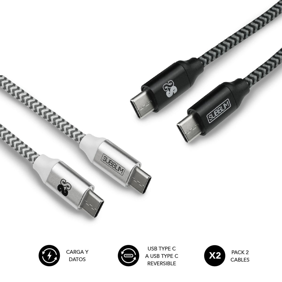 Pack de 2 Cabos USB-C para USB-C SUBBLIM SUB-CAB-4CC001 (1 m - USB-C reversíveis - Preto/Prateado)